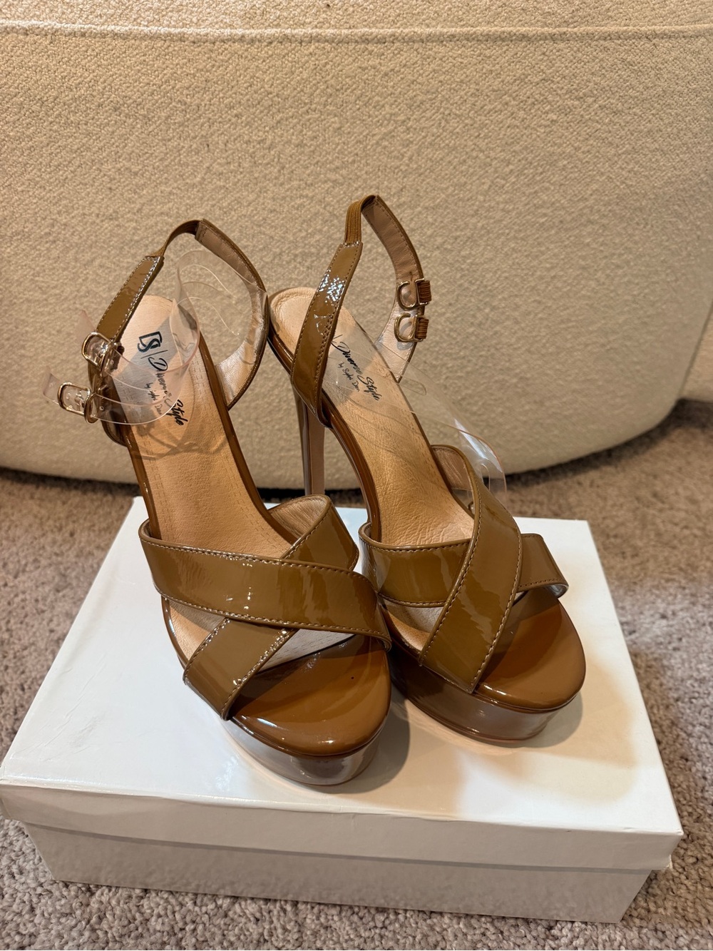 Diverse style Patent Platform Slingback Heels in dark nude cinnamon